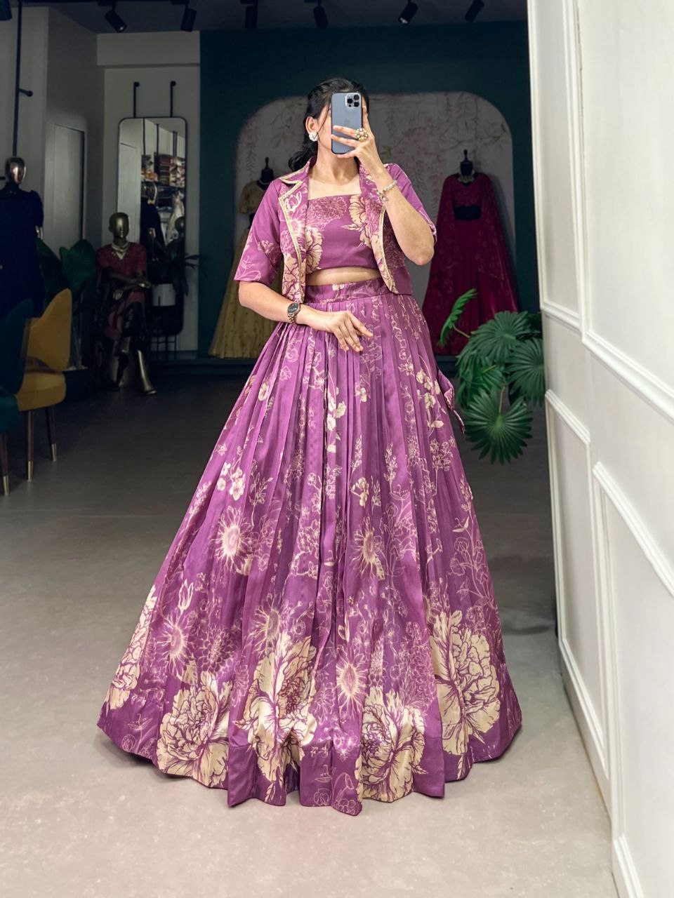 Floral Print Silk Lehenga Choli with Matching Jacket – Elegant Contemporary Festive Wear