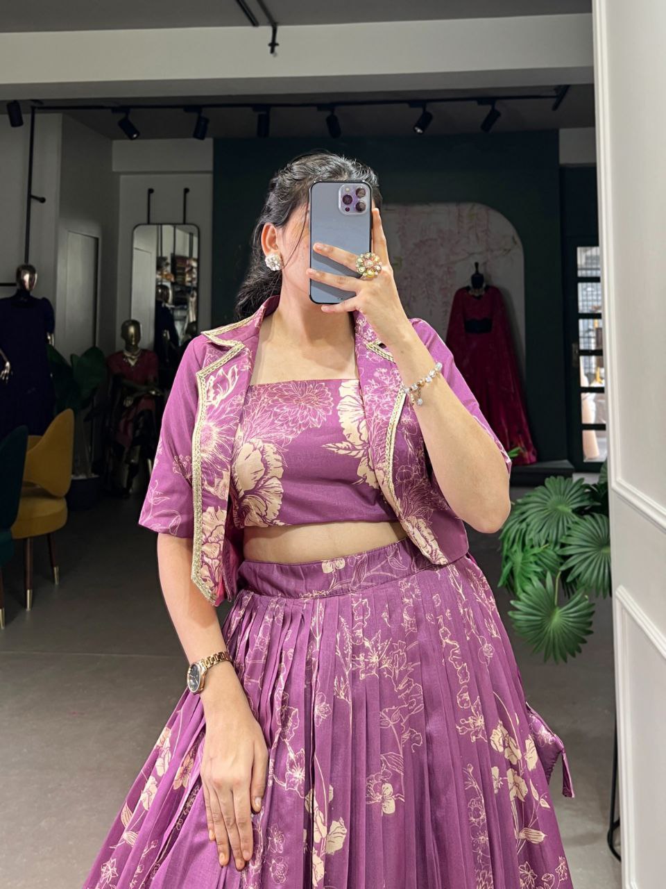 Floral Print Silk Lehenga Choli with Matching Jacket – Elegant Contemporary Festive Wear