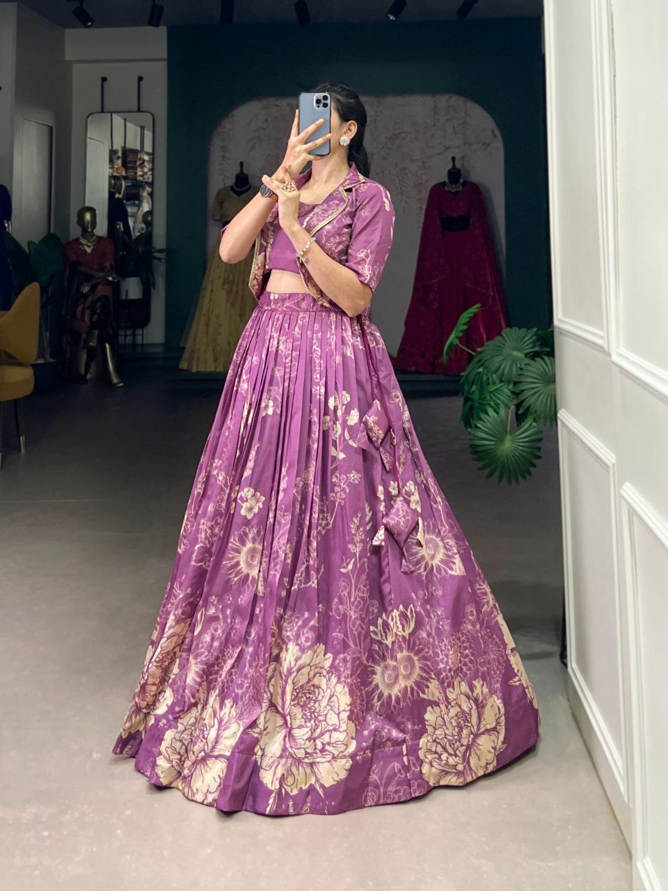 Floral Print Silk Lehenga Choli with Matching Jacket – Elegant Contemporary Festive Wear