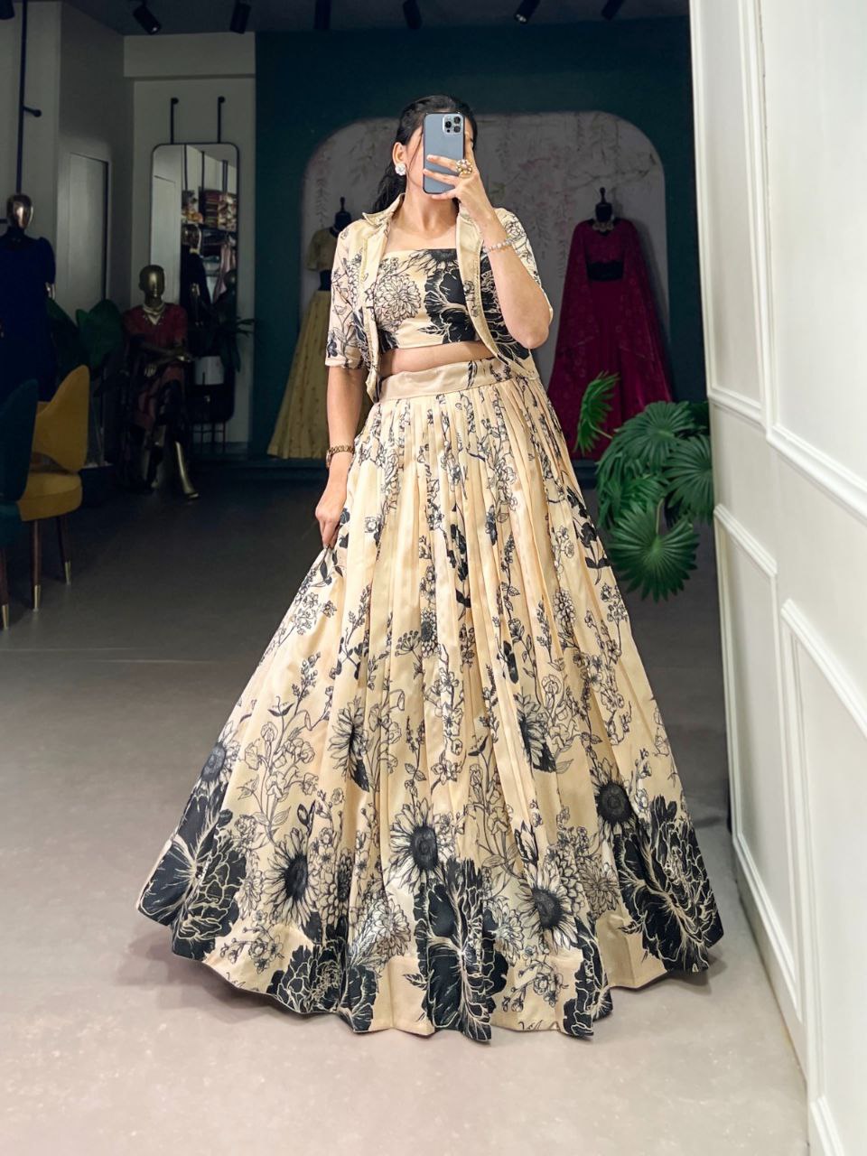 Floral Print Silk Lehenga Choli with Matching Jacket – Elegant Contemporary Festive Wear