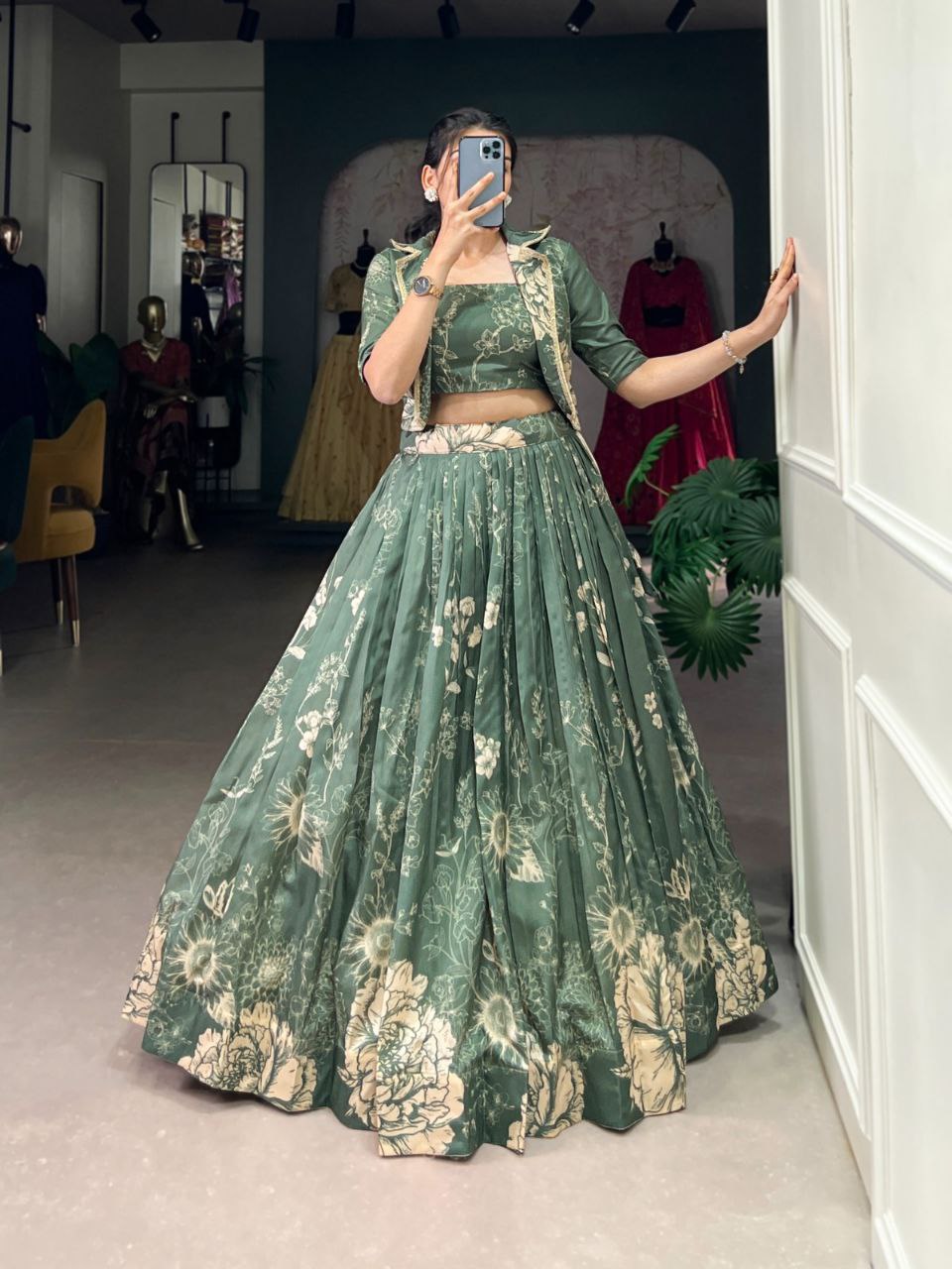 Floral Print Silk Lehenga Choli with Matching Jacket – Elegant Contemporary Festive Wear