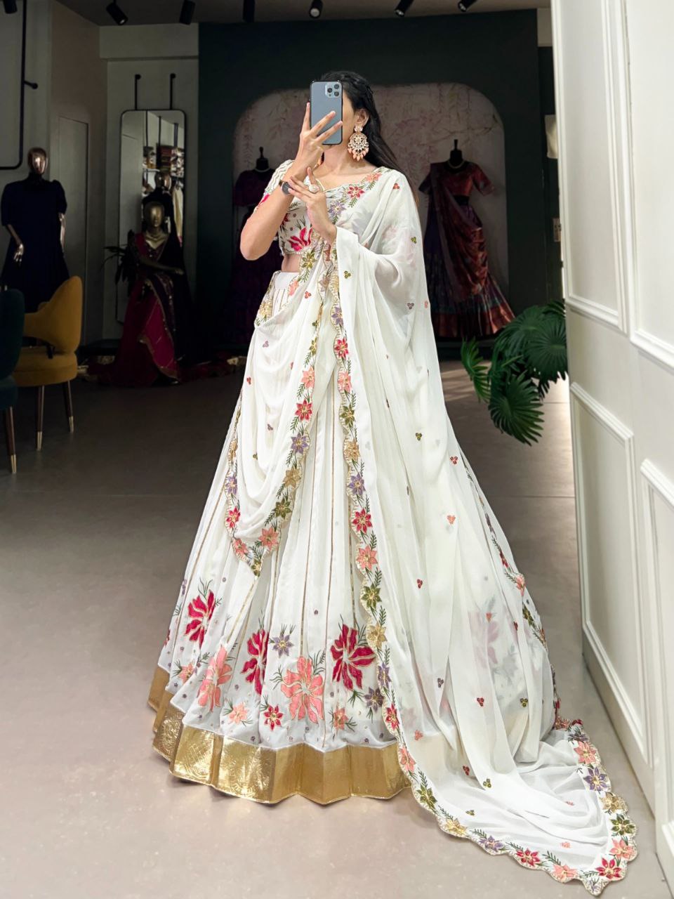 Ivory White Floral Embroidered Lehenga Choli with Multicolor Threadwork Dupatta – Elegant Festive Ensemble