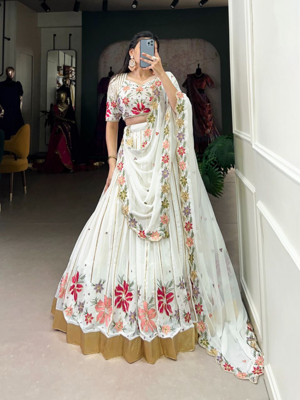 Ivory White Floral Embroidered Lehenga Choli with Multicolor Threadwork Dupatta – Elegant Festive Ensemble