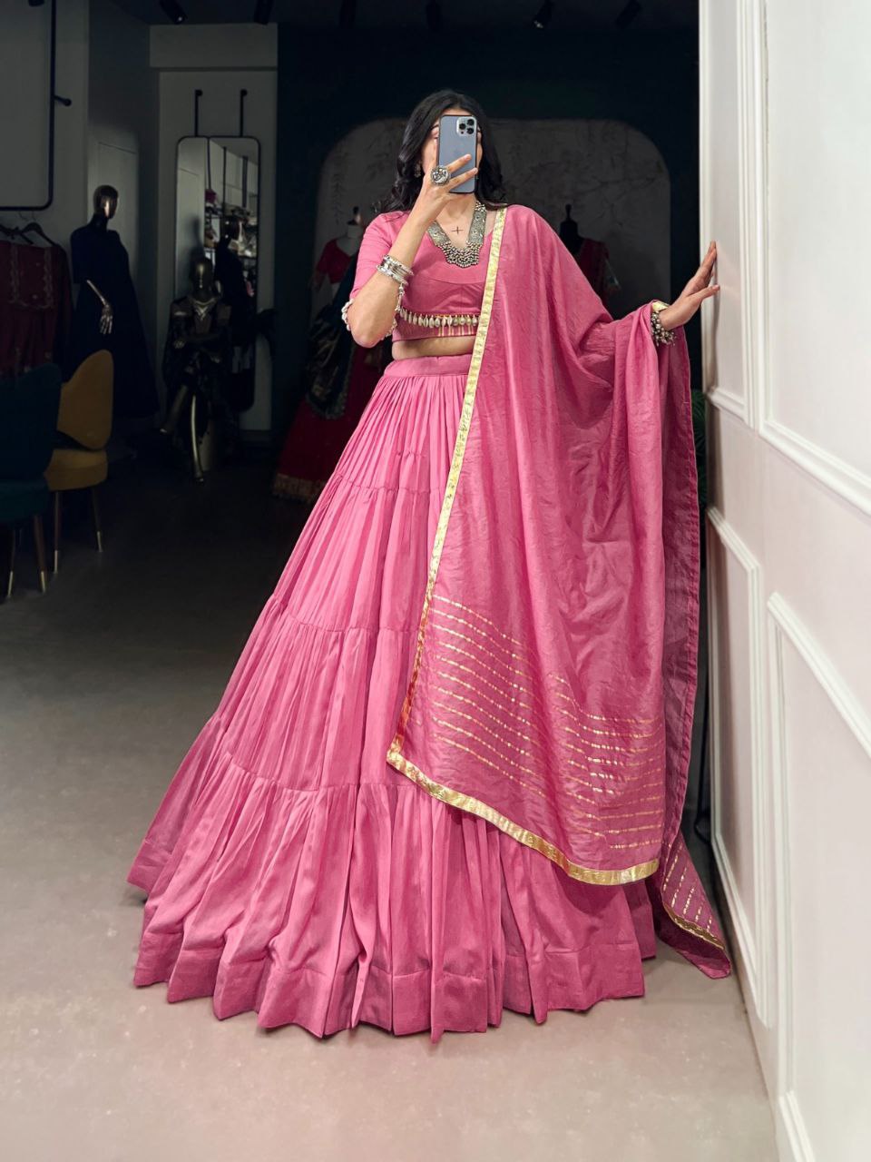 Rose Quartz Pink Mirror Work Lehenga Choli Set with Gota Patti Dupatta - Drapes Dress