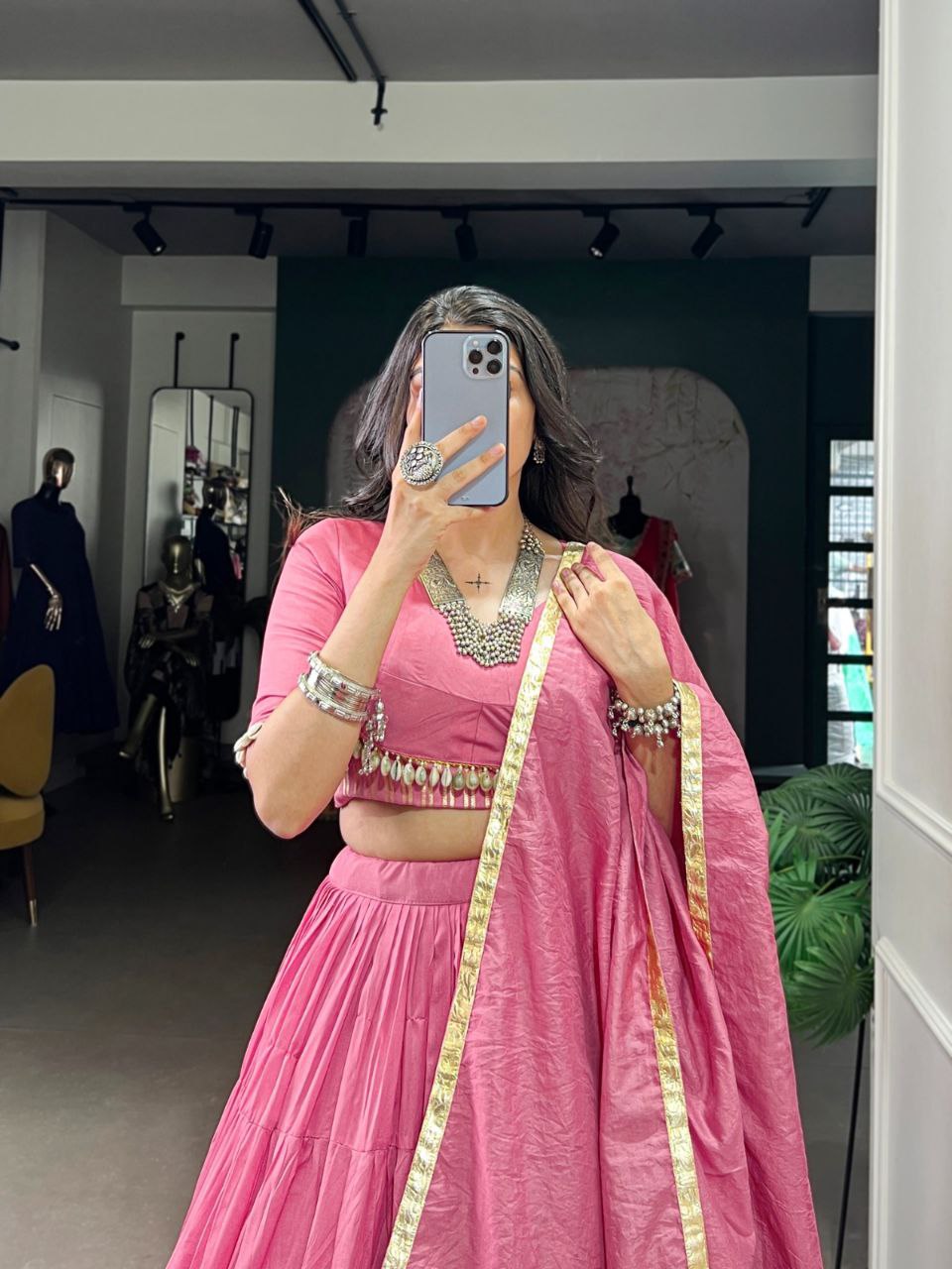 Rose Quartz Pink Mirror Work Lehenga Choli Set with Gota Patti Dupatta - Drapes Dress