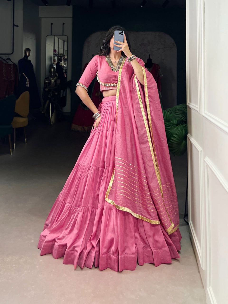 Rose Quartz Pink Mirror Work Lehenga Choli Set with Gota Patti Dupatta - Drapes Dress