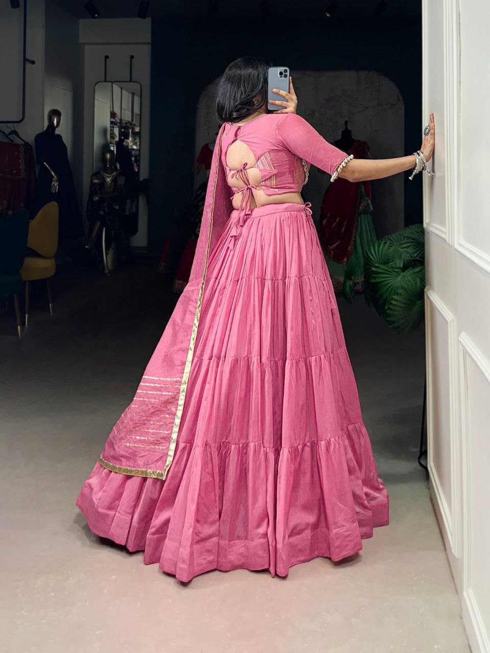 Rose Quartz Pink Mirror Work Lehenga Choli Set with Gota Patti Dupatta - Drapes Dress