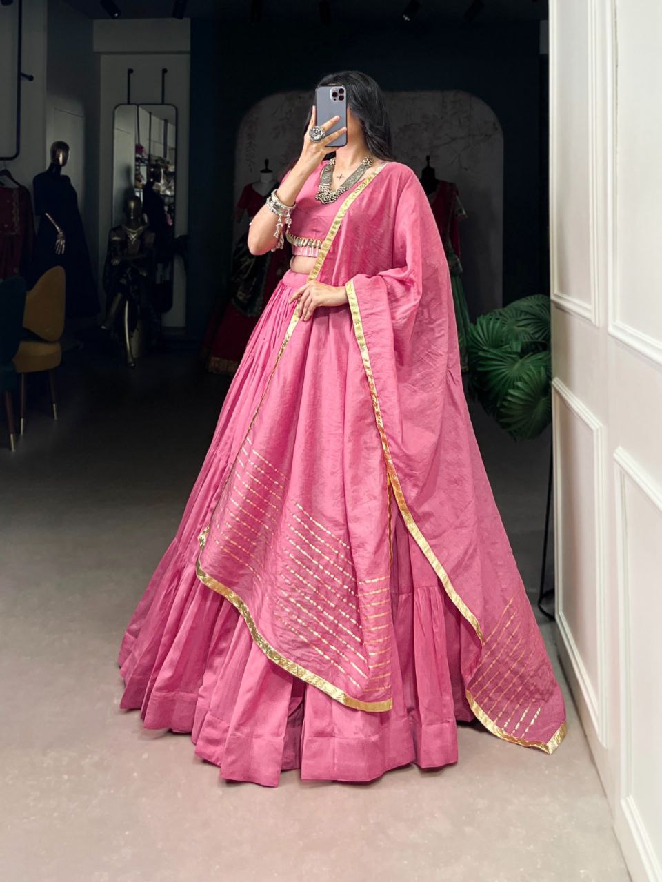 Rose Quartz Pink Mirror Work Lehenga Choli Set with Gota Patti Dupatta - Drapes Dress