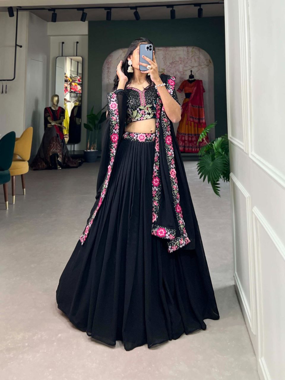 Midnight Black Sequin & Floral Embroidered Lehenga Choli Set