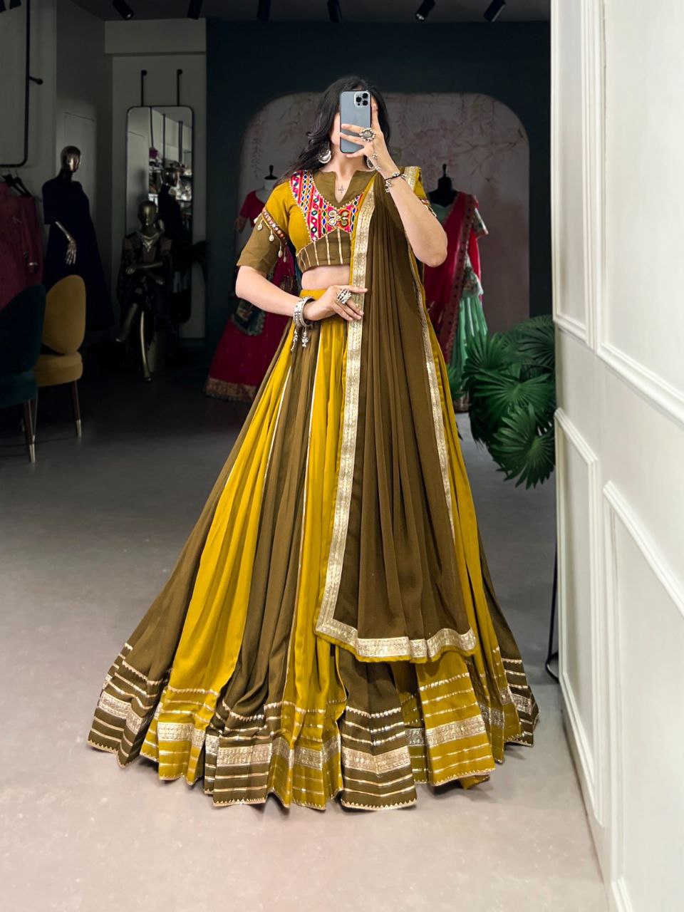 Mustard Olive Dual-Tone Mirror Work Lehenga Choli with Multicolor Embroidered Yoke