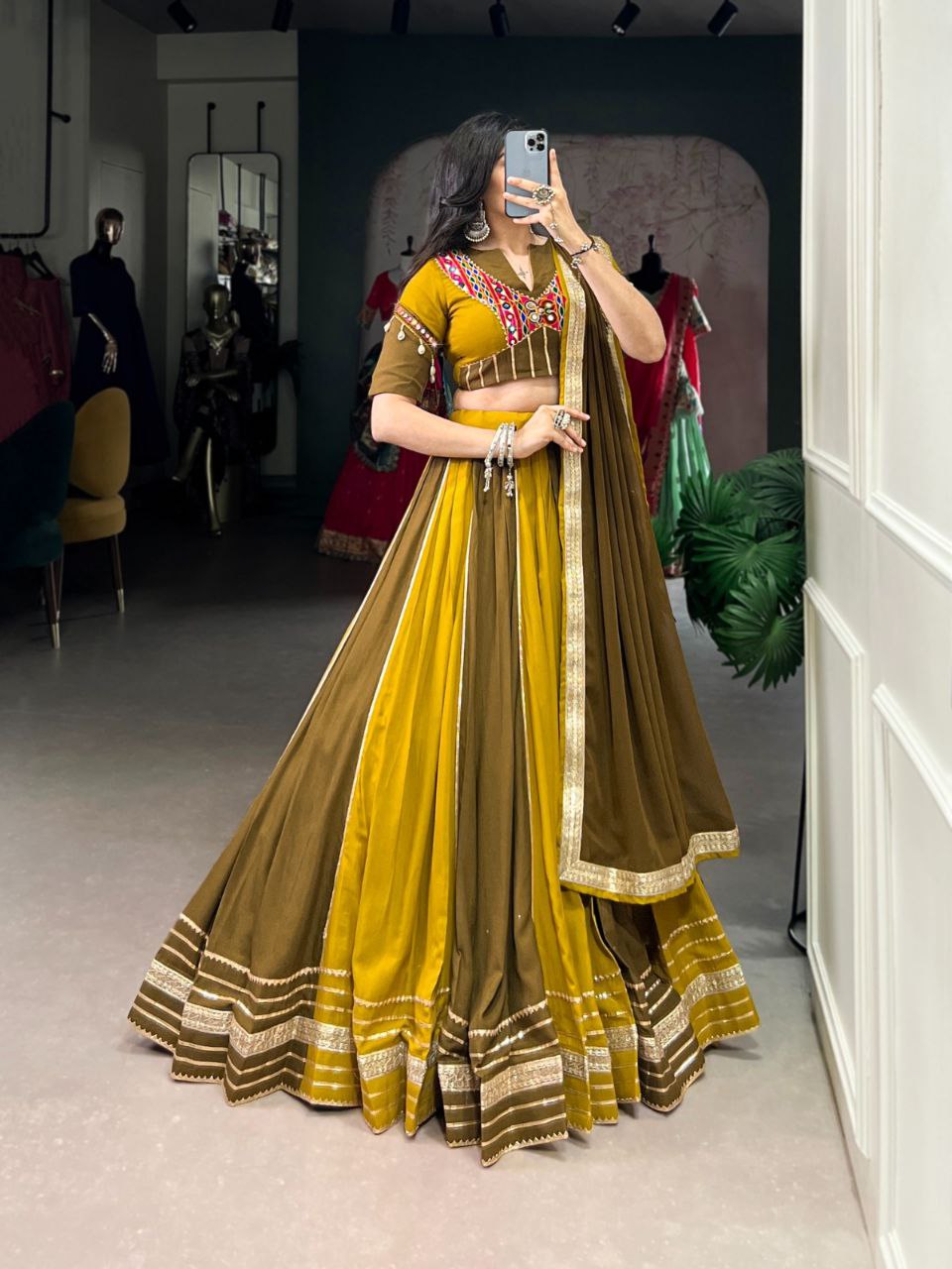 Mustard Olive Dual-Tone Mirror Work Lehenga Choli with Multicolor Embroidered Yoke
