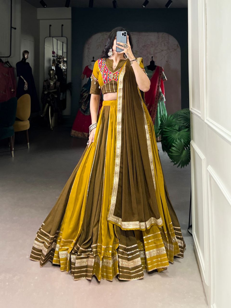 Mustard Olive Dual-Tone Mirror Work Lehenga Choli with Multicolor Embroidered Yoke