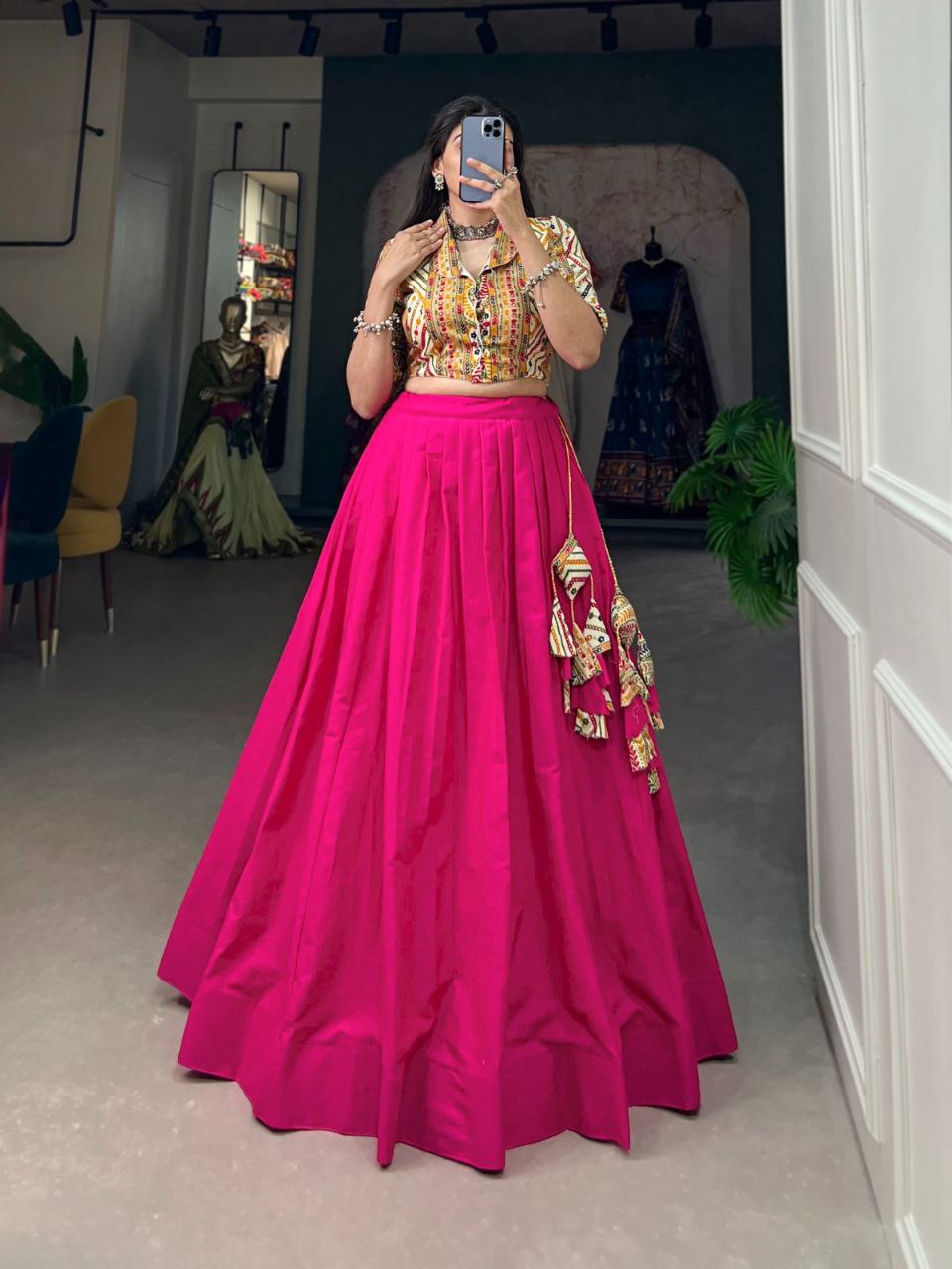 Mirror Work Multicolor Ajrakh Blouse with Dual Lehenga Skirt Set