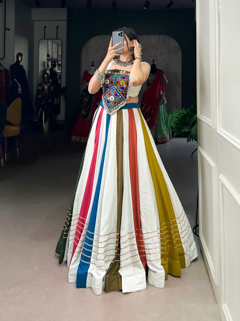 Multicolor Stripe Panel Ghagra Choli with Hand Embroidered Kutchi Mirror Yoke