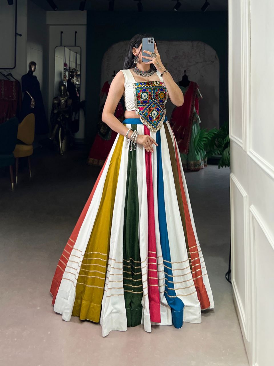 Multicolor Stripe Panel Ghagra Choli with Hand Embroidered Kutchi Mirror Yoke
