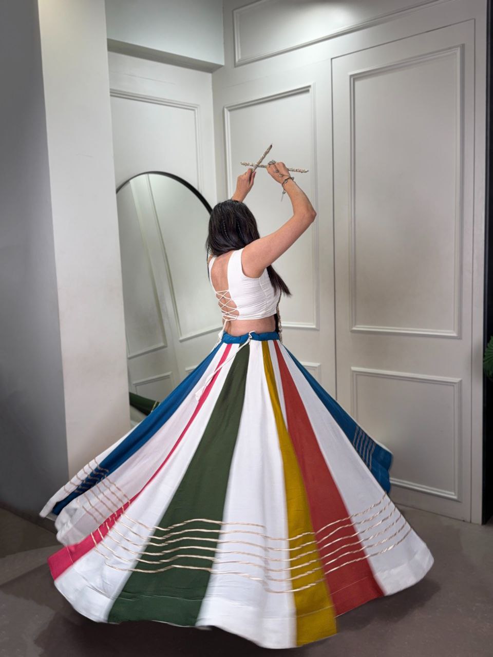 Multicolor Stripe Panel Ghagra Choli with Hand Embroidered Kutchi Mirror Yoke
