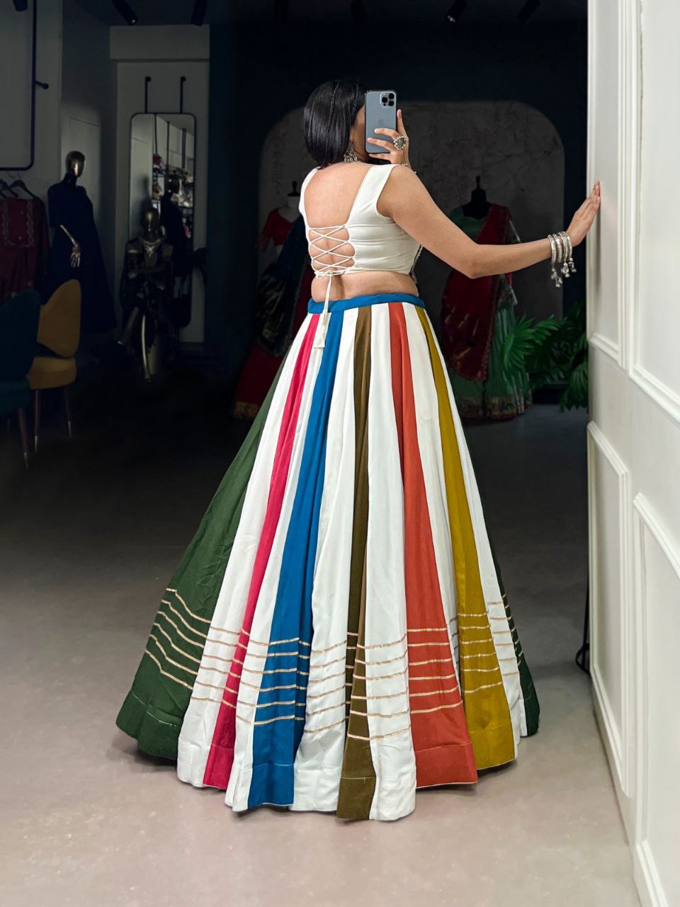 Multicolor Stripe Panel Ghagra Choli with Hand Embroidered Kutchi Mirror Yoke