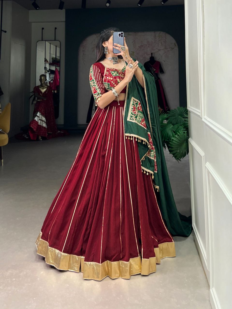 Maroon Chanderi Stitched Lehenga Choli with Zari Gota Patti & Vintage Sequins Work, Paired with Green Dupatta - Drapes Dress