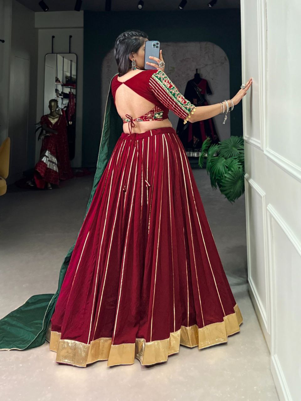 Maroon Chanderi Stitched Lehenga Choli with Zari Gota Patti & Vintage Sequins Work, Paired with Green Dupatta - Drapes Dress