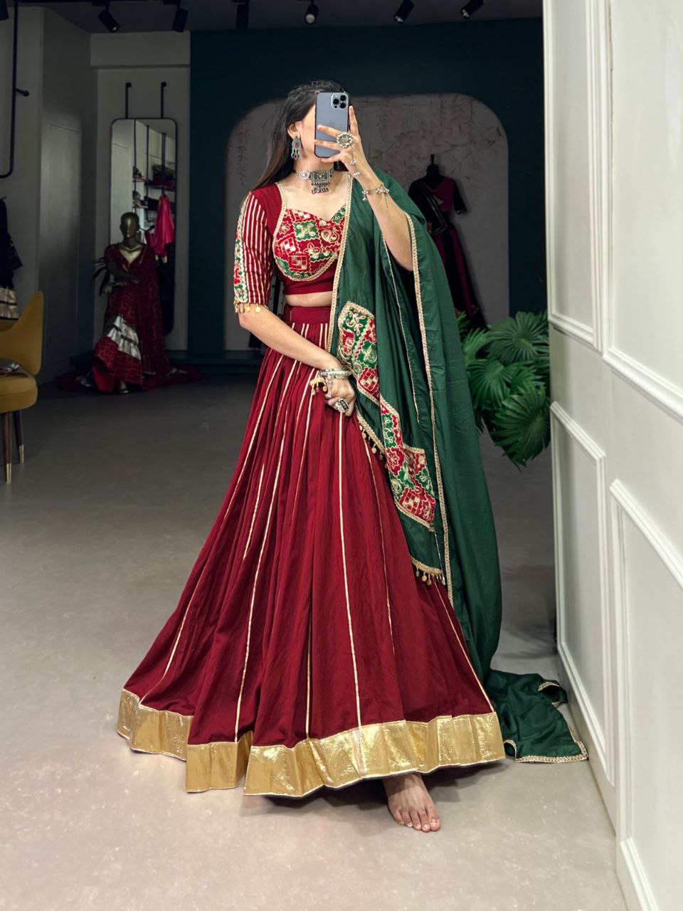 Maroon Chanderi Stitched Lehenga Choli with Zari Gota Patti & Vintage Sequins Work, Paired with Green Dupatta - Drapes Dress