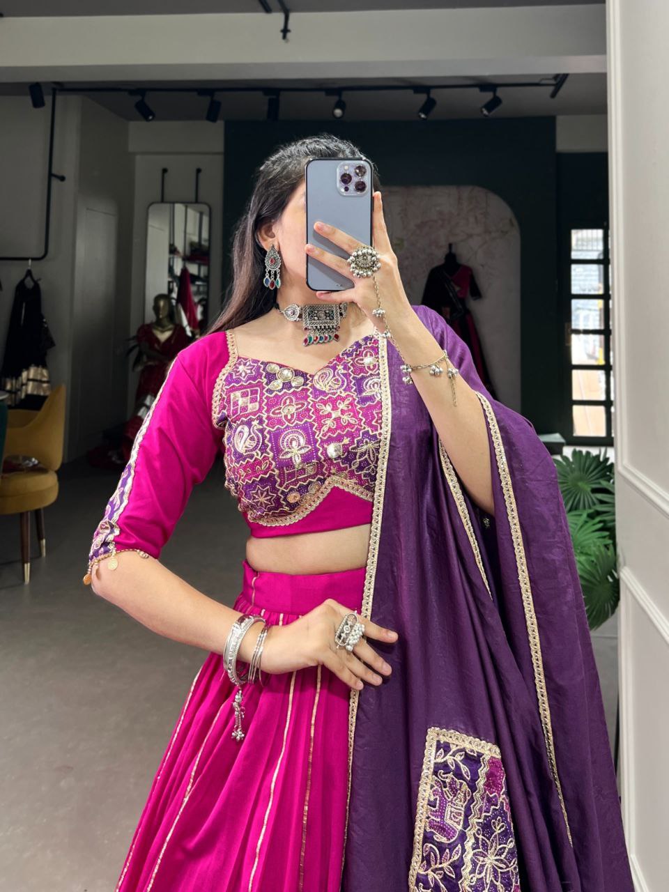Magenta Chanderi Stitched Lehenga Choli with Zari Gota Patti & Vintage Sequins Work, Paired with Purple Dupatta - Drapes Dress