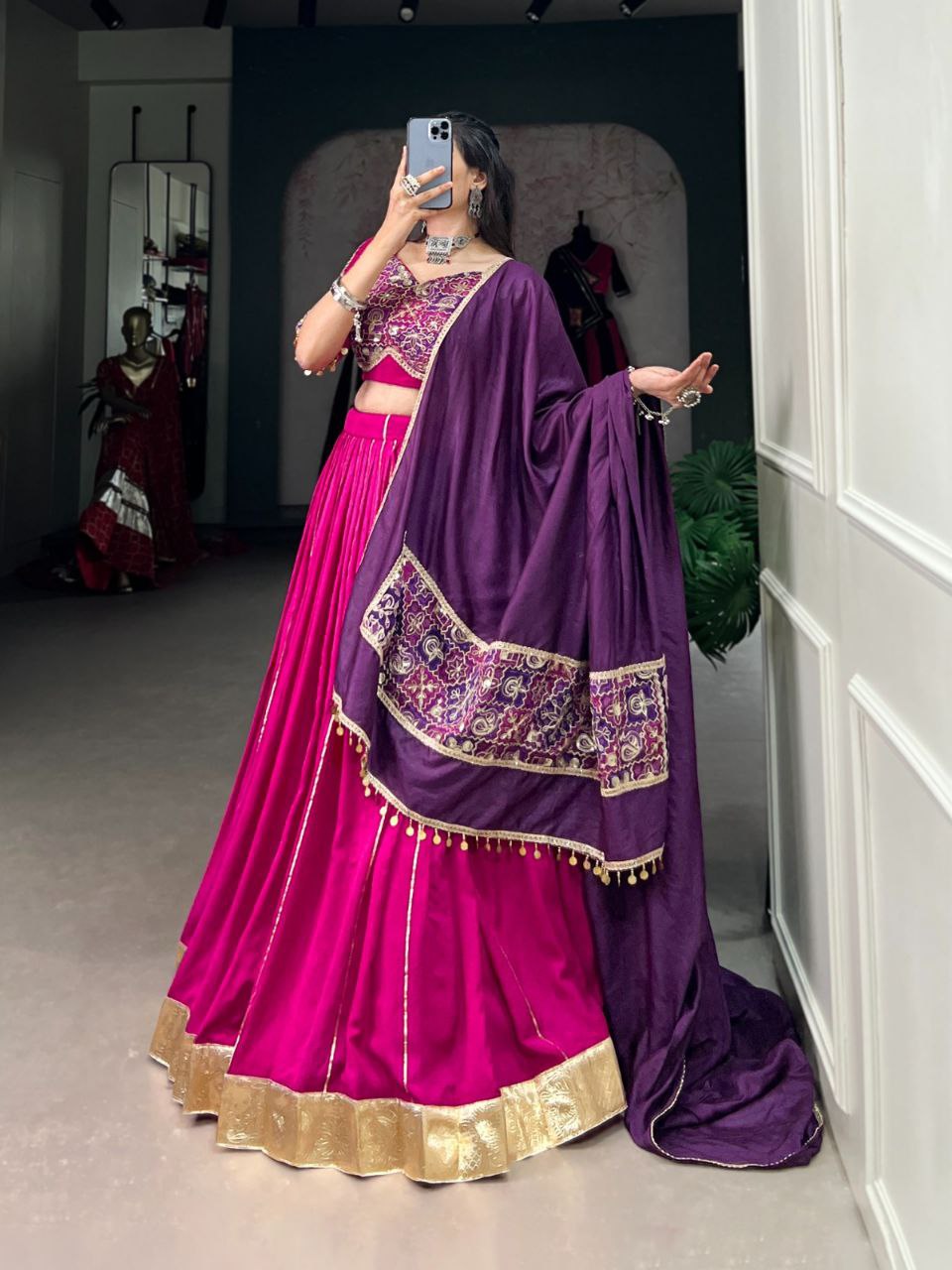 Magenta Chanderi Stitched Lehenga Choli with Zari Gota Patti & Vintage Sequins Work, Paired with Purple Dupatta - Drapes Dress