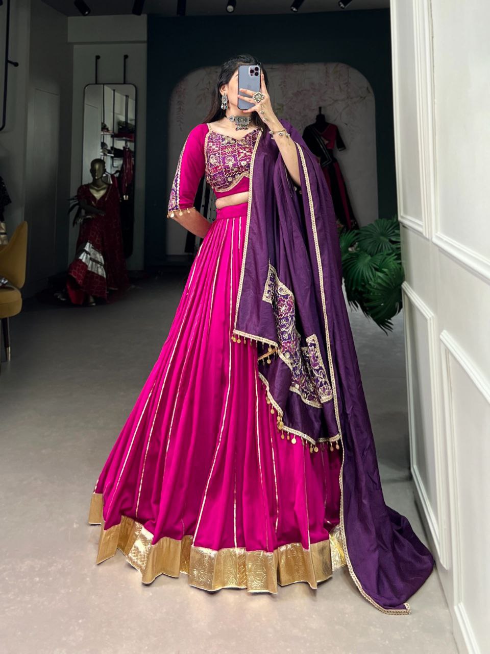 Magenta Chanderi Stitched Lehenga Choli with Zari Gota Patti & Vintage Sequins Work, Paired with Purple Dupatta - Drapes Dress