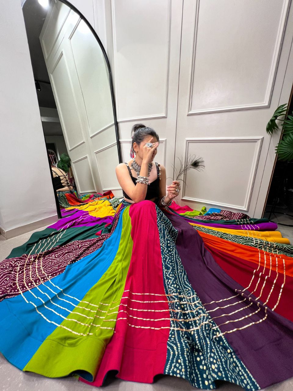Multicolor Pure Rayon Stitched Lehenga Choli with Printed Gota Patti Work & Paper Mirror Blouse - Drapes Dress