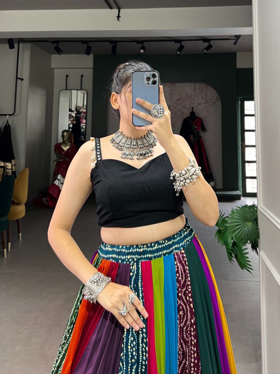 Multicolor Pure Rayon Stitched Lehenga Choli with Printed Gota Patti Work & Paper Mirror Blouse - Drapes Dress