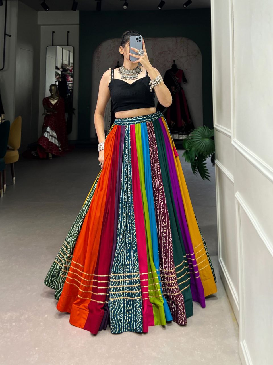 Multicolor Pure Rayon Stitched Lehenga Choli with Printed Gota Patti Work & Paper Mirror Blouse - Drapes Dress