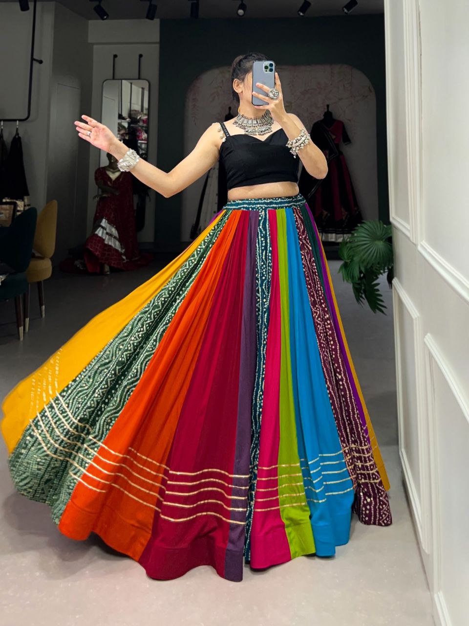 Multicolor Pure Rayon Stitched Lehenga Choli with Printed Gota Patti Work & Paper Mirror Blouse - Drapes Dress