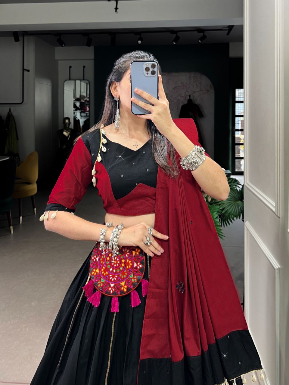 Black & Maroon Pure Cotton Stitched Lehenga Choli with Gamthi Patch Work, Paper Mirror Hand Work & Purse Set - Drapes Dress