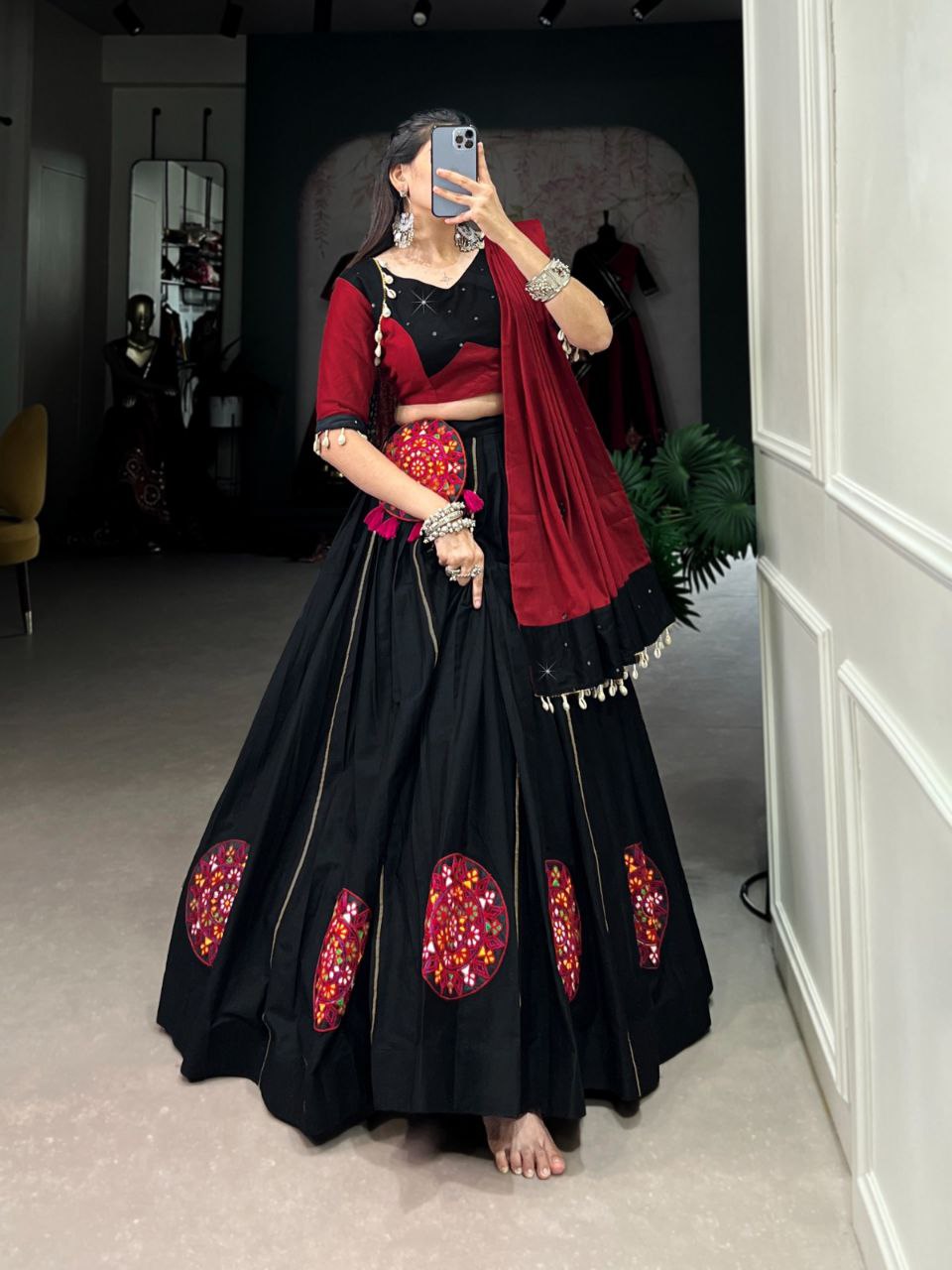 Black & Maroon Pure Cotton Stitched Lehenga Choli with Gamthi Patch Work, Paper Mirror Hand Work & Purse Set - Drapes Dress