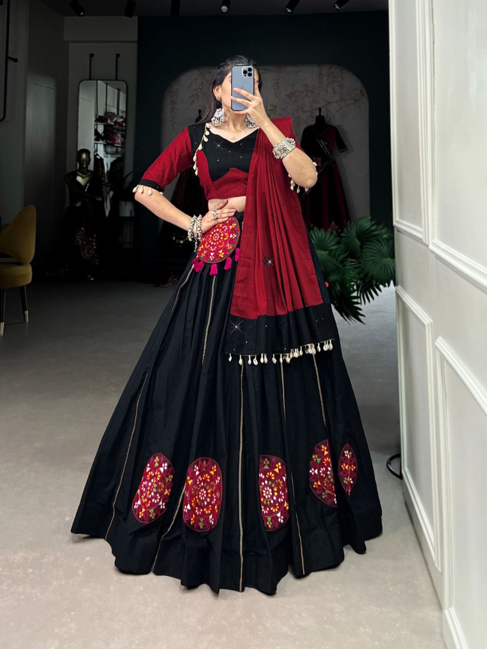 Black & Maroon Pure Cotton Stitched Lehenga Choli with Gamthi Patch Work, Paper Mirror Hand Work & Purse Set - Drapes Dress