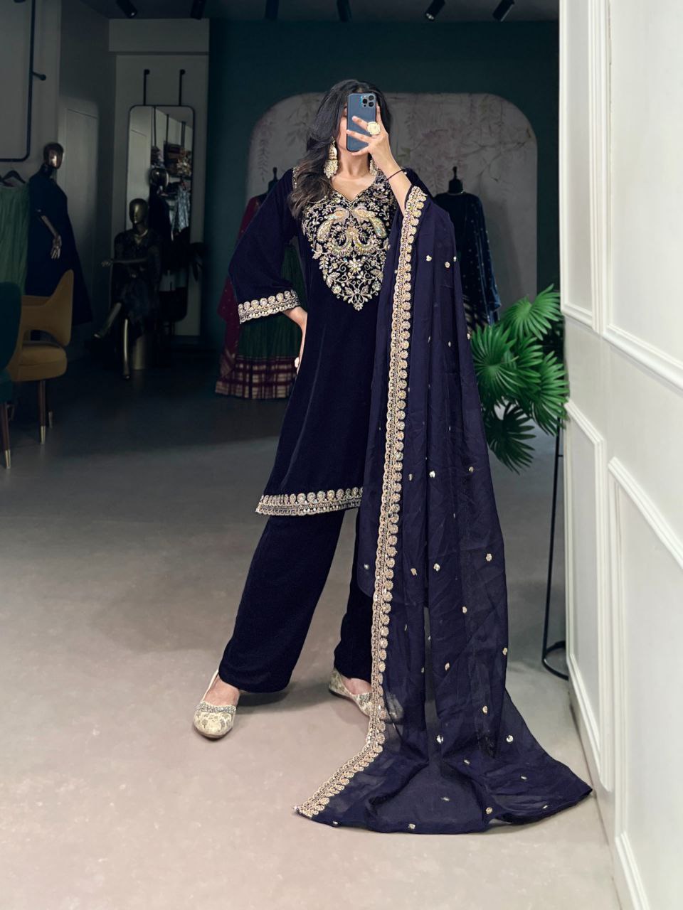 Velvet Stitched Salwar Suit Set in Navy Blue with Sequins & Thread Embroidery Work | Top, Bottom & Dupatta - Drapes Dress