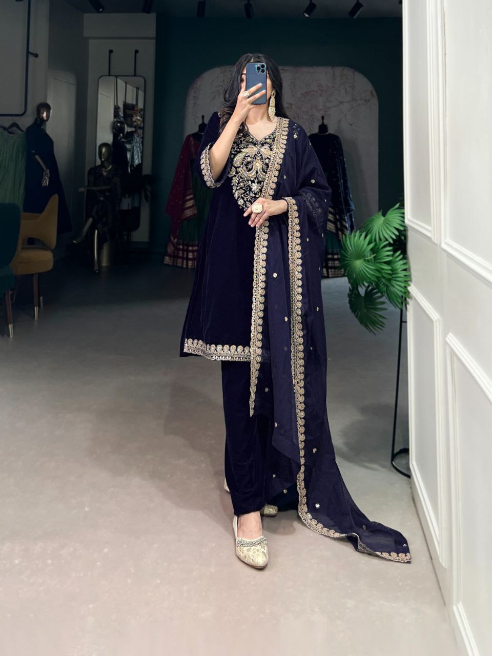 Velvet Stitched Salwar Suit Set in Navy Blue with Sequins & Thread Embroidery Work | Top, Bottom & Dupatta - Drapes Dress