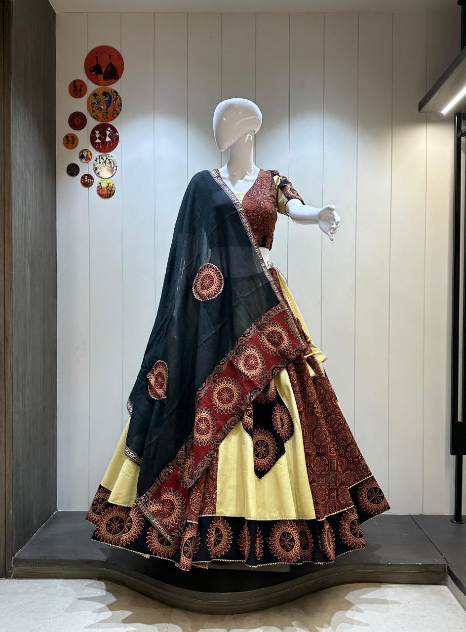 Pure Camric Cotton Chaniya Choli with Heavy Kutchhi Patch Work, 8 Meter Flare Skirt with Pocket - Drapes Dress