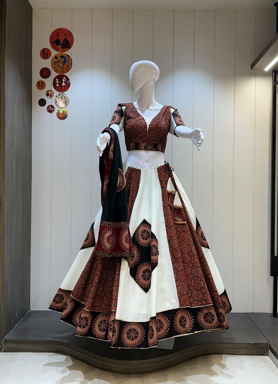 Pure Camric Cotton Chaniya Choli with Traditional Kutchhi Patch Work in Ivory White & Maroon Combination - Drapes Dress