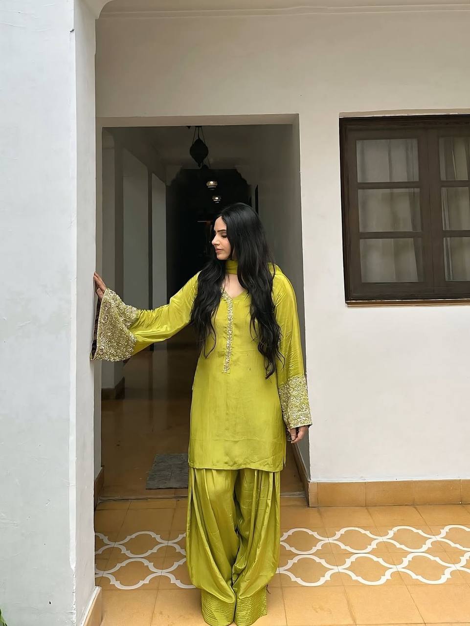 Punjabi Suit with Embroidery Work, Fancy Neck & Dupatta – Ready to Wear Palazzo Style Salwar Kameez
