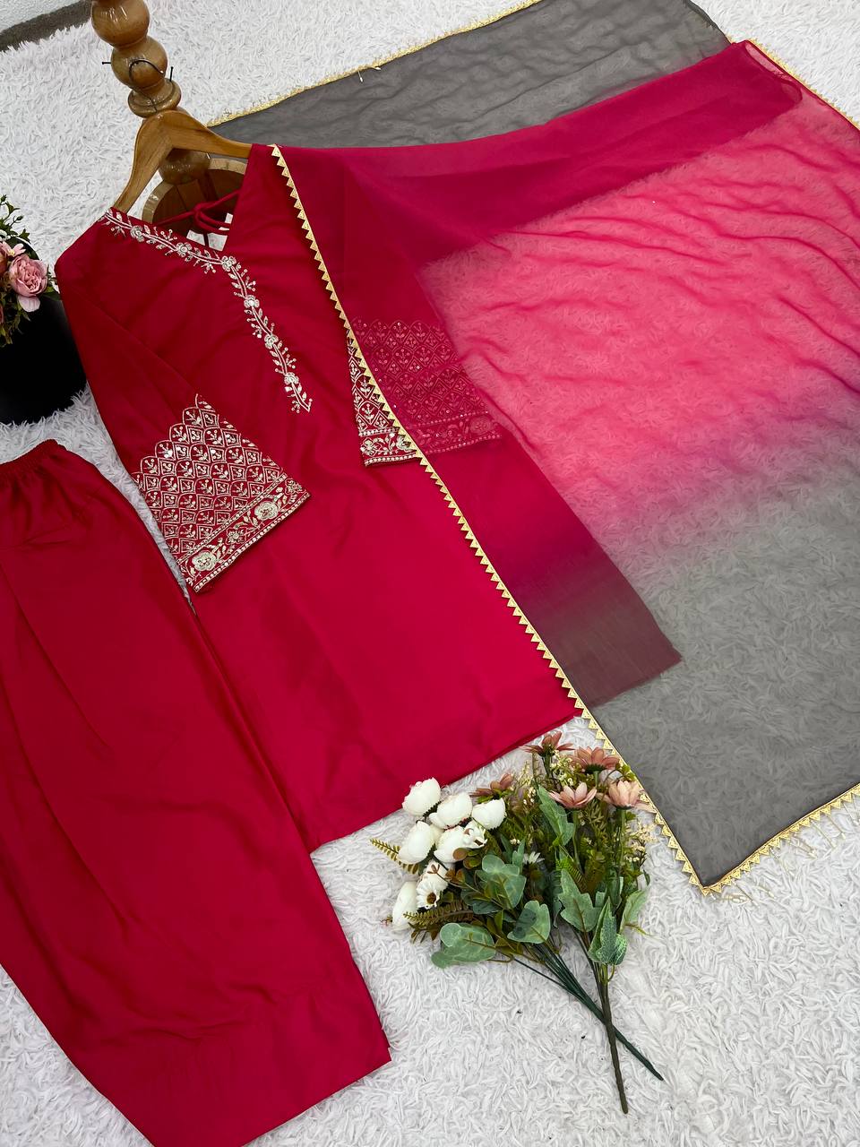 Punjabi Suit with Embroidery Work, Fancy Neck & Dupatta – Ready to Wear Palazzo Style Salwar Kameez