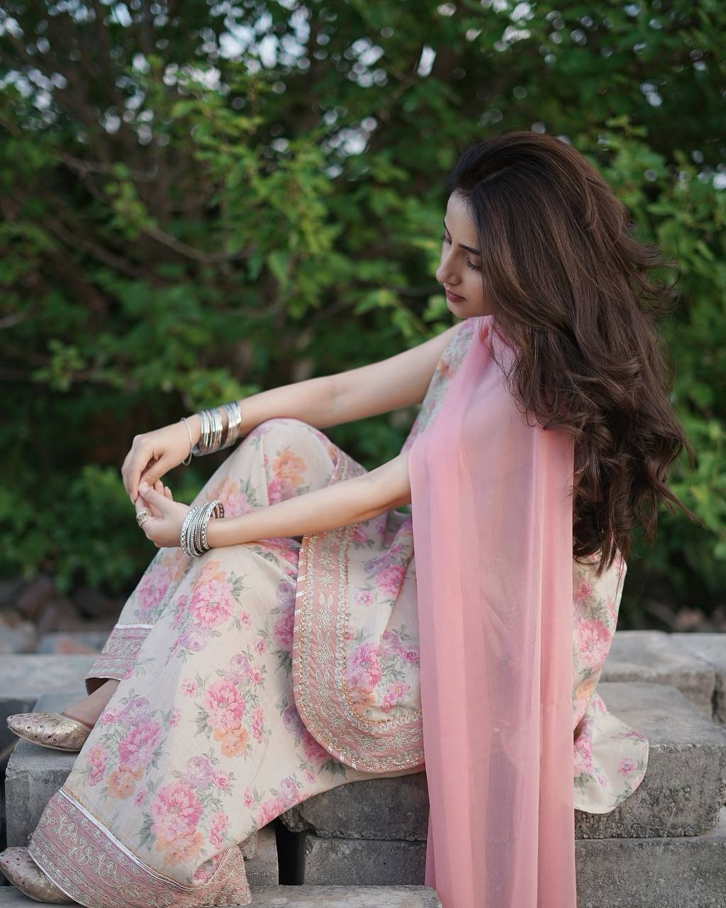 Floral Print Georgette Farshi Palazzo Suit with Embroidery & Sequence Work – Ready to Wear Designer Outfit