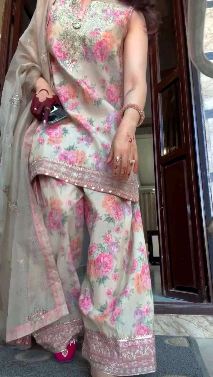 Floral Print Georgette Farshi Palazzo Suit with Embroidery & Sequence Work – Ready to Wear Designer Outfit