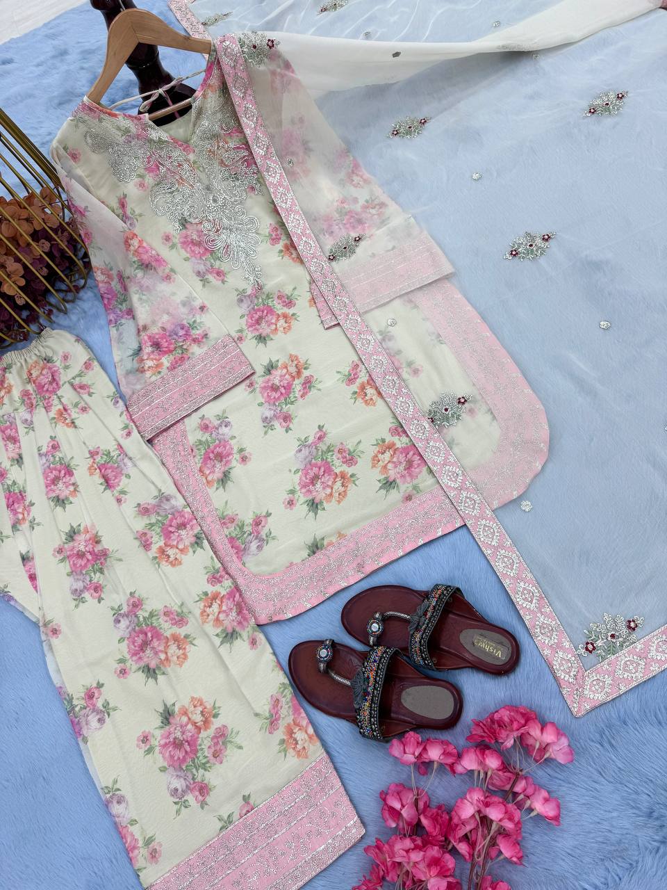 Floral Print Georgette Farshi Palazzo Suit with Embroidery & Sequence Work – Ready to Wear Designer Outfit