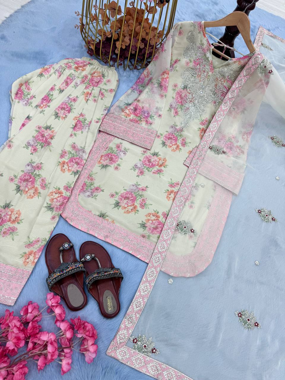 Floral Print Georgette Farshi Palazzo Suit with Embroidery & Sequence Work – Ready to Wear Designer Outfit