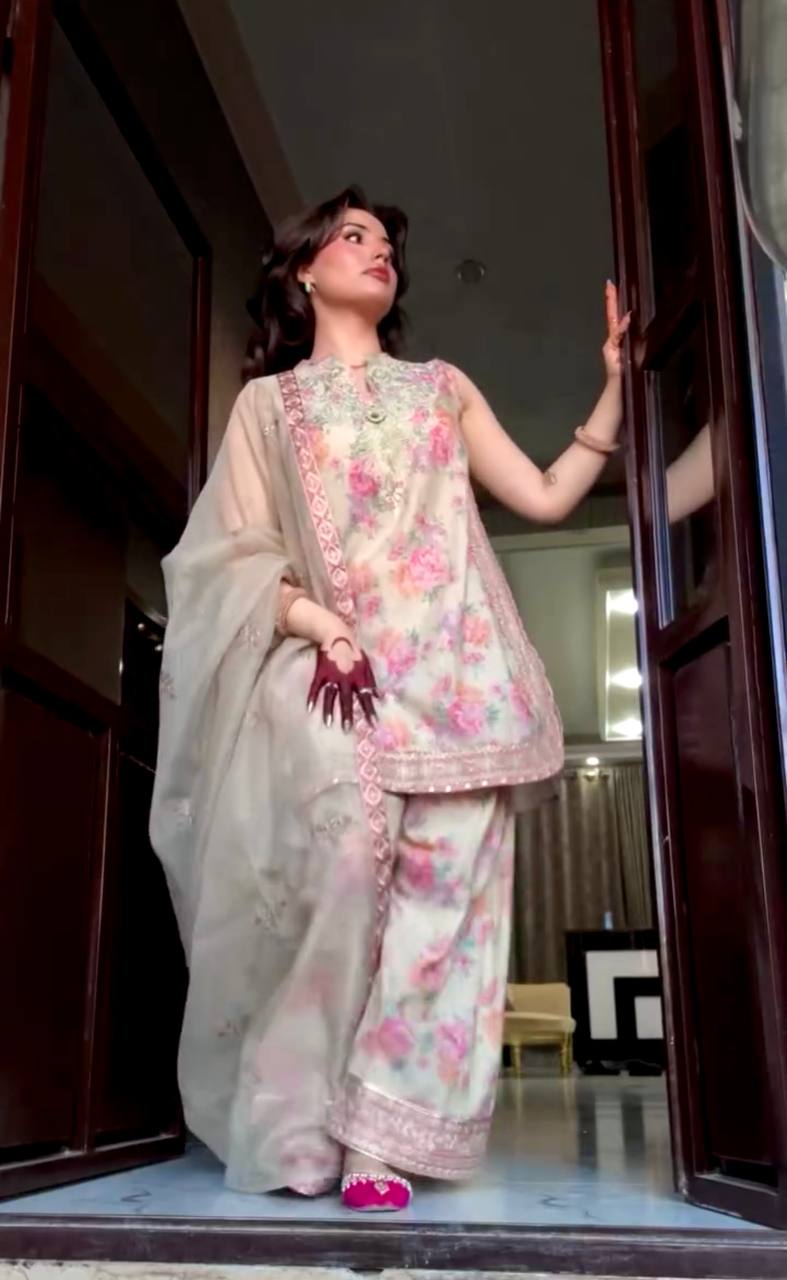 Floral Print Georgette Farshi Palazzo Suit with Embroidery & Sequence Work – Ready to Wear Designer Outfit