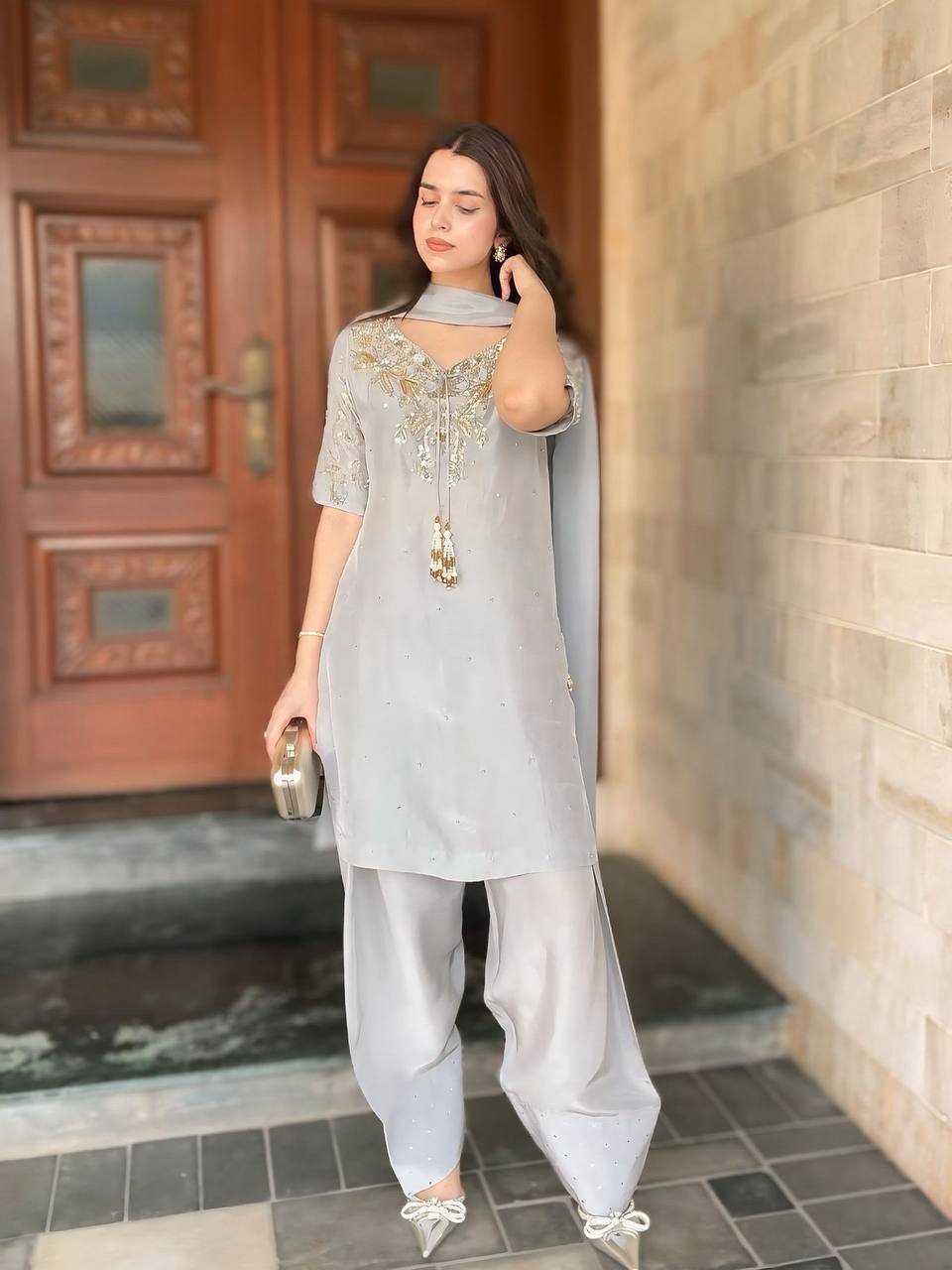 Natural Crepe Farshi Palazzo Suit with Hand Bead Work & Embroidery – Ready to Wear Designer Party Outfit