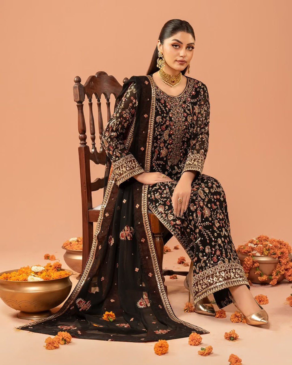Faux Georgette Top Pant Dupatta Set with Real Diamond Work