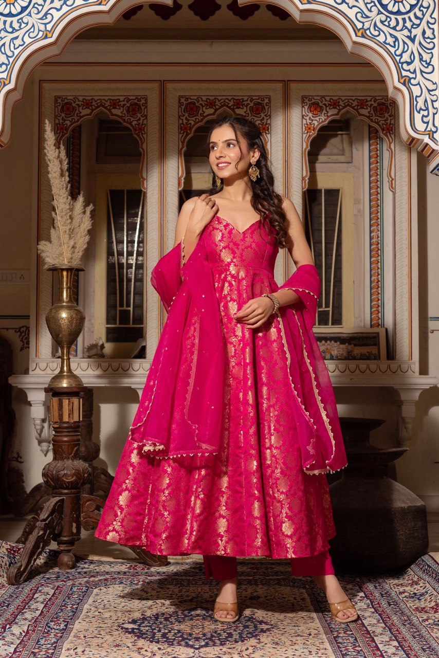 Jacquard Anarkali Gown Heavy Weave Top with Micro Pant Net Dupatta