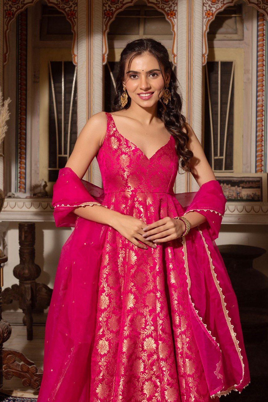 Jacquard Anarkali Gown Heavy Weave Top with Micro Pant Net Dupatta