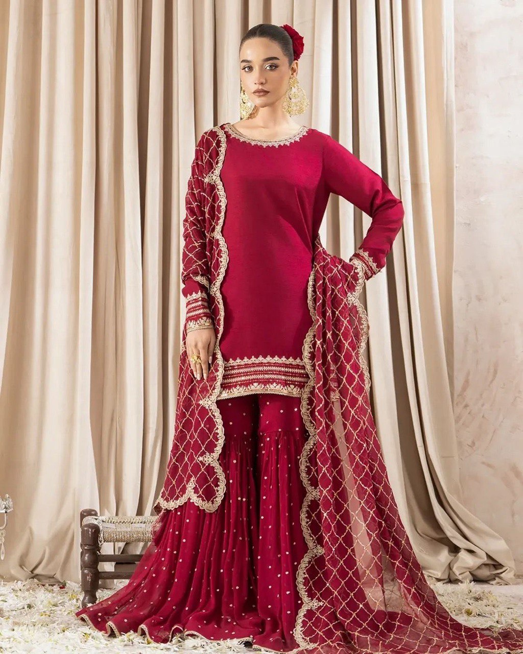 Wedding Wear Maroon Faux Georgette Sharara Suit with Thread and Sequin Work – Pakistani Style Party & Festive Outfit